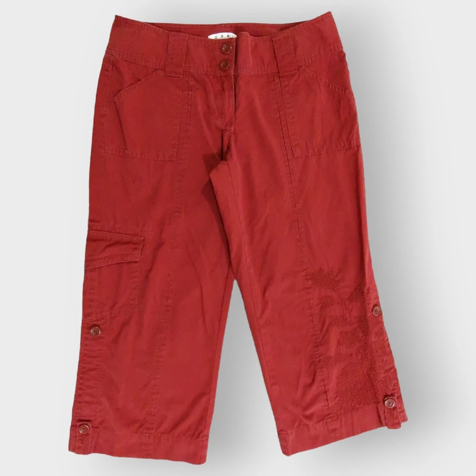 CAbi Cargo Cropped Pants Women 10 Red Floral Embroidery Roll-Up Hem Cotton A54 - Image 1 of 4