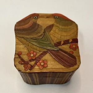 VTG Mexican POPOTILLO Inlaid Straw Love Birds Handmade Wood Trinket Jewelry Box - Picture 1 of 10