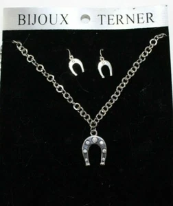 NWT Bijoux Terner Silver Tone & Rhinestones Horseshoe Necklace & Earrings Set - Picture 1 of 8