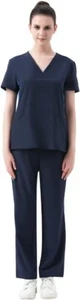 Medical Nursing Scrub Set Women V-Neck 2-Pocket-Top Slim Uniform Navy Blue - Picture 1 of 4