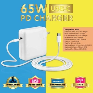 White 65W Type-C USB-C Laptop Adapter Charger for Dell HP Lenovo ASUS Acer - Picture 1 of 7