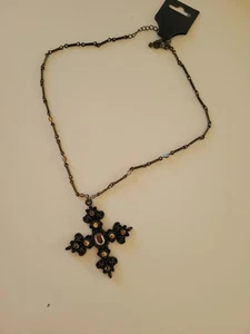 Vintage Victorian Cross Bling Crystal Pendant Necklace Dangle link chain bead - Picture 1 of 2