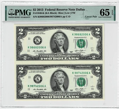 Uncut Pair of 2013 $2 Uncirculated  Dallas PMG 65 EPQ - Image 1 of 3
