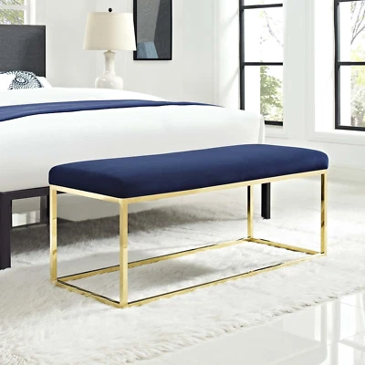 Anticipate Velvet Upholstered Modern Bench with Stainless Steel Frame in Gold Na - Imagem 1 de 4