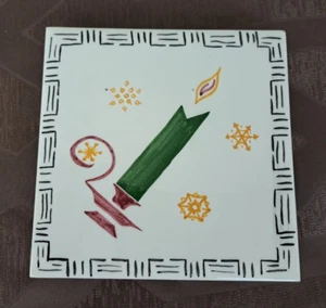 Vintage Ceramic Tile Trivet Hand-Painted Candlestick & Snowflakes Chamberstick - Picture 1 of 6