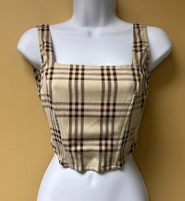 Top corsé corto West Of Melrose para mujer, pequeño, beige patrón a cuadros hipster Foto 1 de 4