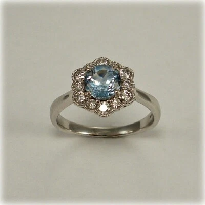 1.30 Ct Round Cut Real Aquamarine & Diamond Engagement Ring 14K Solid White Gold - Image 1 of 4