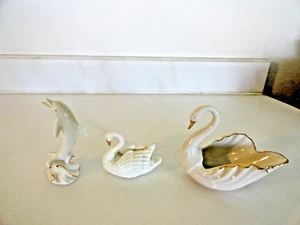Vintage Lot of 3 Lenox Figurines 2 Swans & Dolphin Ivory with 24K Gold Accents - Picture 1 of 6