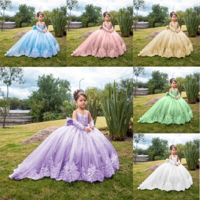 Wedding Flower Girls Dress Long Sleeved Lace Applique Holy Communion Gowns - Image 1 of 4