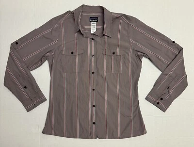 Camisa feminina Patagonia manga longa listrada cinza roxa com botões - Imagem 1 de 4