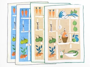 4 VTG Mid Century Hand Printed Placemats Wine Vegetables Linen Poland - Picture 1 of 14