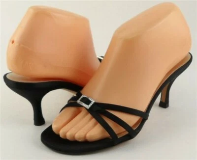 $225 ANNE KLEIN CANTA Black Satin Jeweled EVENING Designer ITALY Sandals 8.5 - Изображение 1 из 4