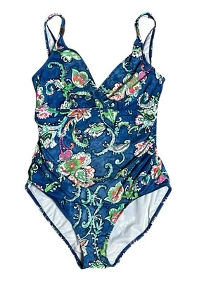 Lauren Ralph Lauren Blue Paisley Floral Print V-Neck One Piece Swimsuit Size L - Image 1 of 4
