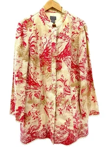 Sigrid Olsen Linen Jacket L Red Beige Bird Butterfly Tapestry Coat Boho Artsy - Picture 1 of 11