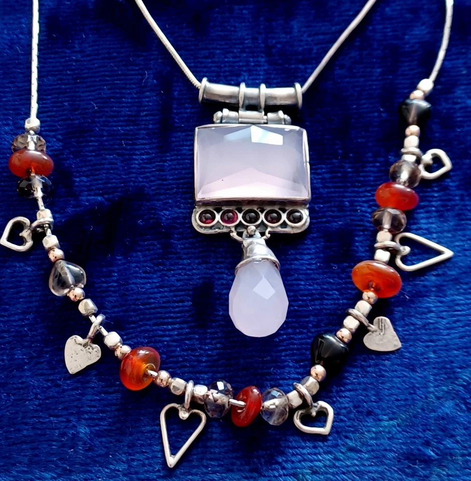 2 X Collar de piedras preciosas de plata de ley cuarzo rosa granate cornalina Foto 1 de 4