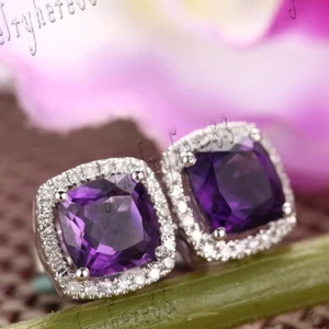 Gorgeous Cushion 6mm Amethyst & Diamond Engagement Fancy Earrings 10K White Gold - Picture 1 of 7