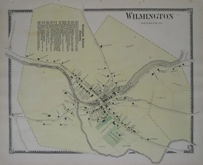 Mapa original de 1869 VILLAGE OF WILMINGTON Vermont Casas Granjas Tiendas Molinos Carreteras Foto 1 de 4