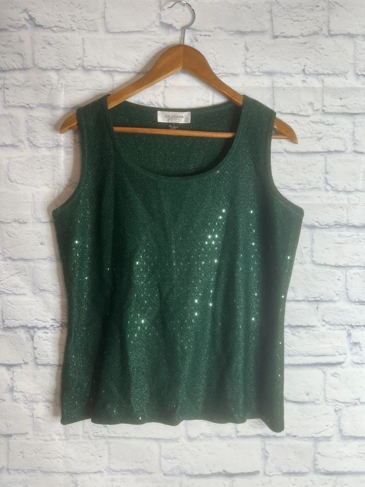 Blusa de Noche St. John De Colección Verde Sin Mangas Plástico Cuentas Talla Mediana Tri Mezcla Foto 1 de 4