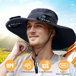 Wide Brim Outdoor Fishing Hat - Solar & USB Charging Outdoor Hat w/ 2 Fan Upf50+ - Picture 1 of 28