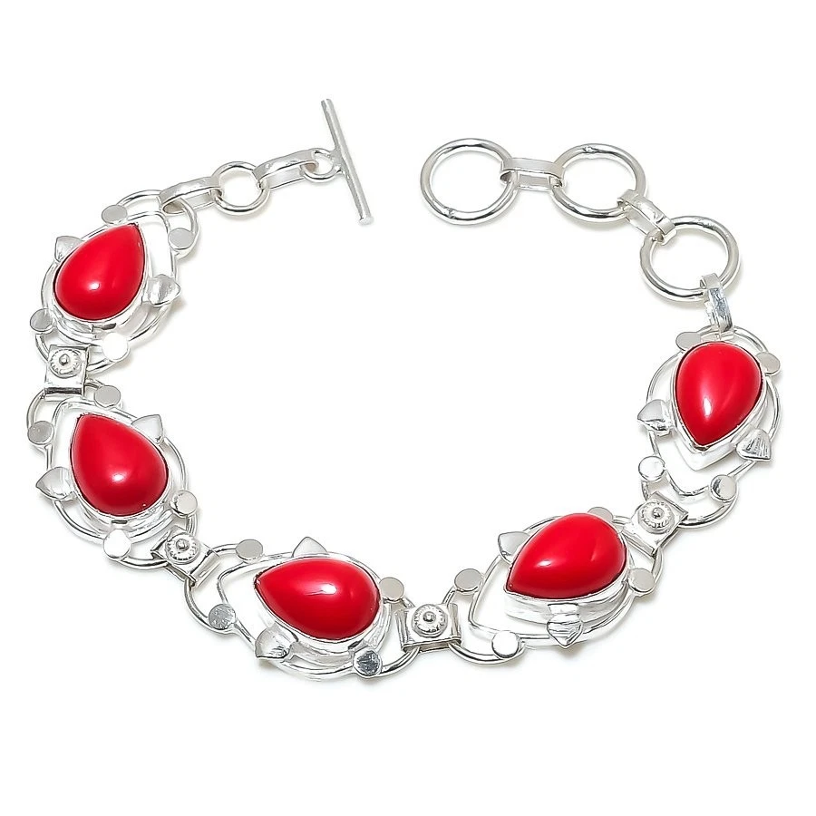 Brazalete de joyería de plata de ley 925 hecho a mano con piedras preciosas de coral rojo tamaño 7-8" Foto 1 de 1