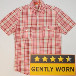 HUGO BOSS Short Sleeve Shirt SMALL Check Plaid Regular Fit Pink Safari Mens - Picture 1 of 10