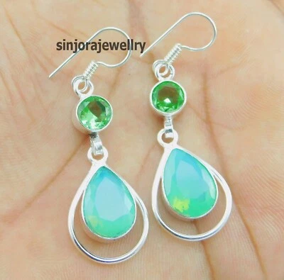 Pacific opal gemstone 925 sterling silver handmade Dangle Drop Earrings 2" - Image 1 of 4
