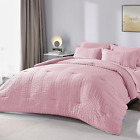 Full/Queen Seersucker Comforter Set with Sheets Pink Bed in a Bag 7-Pieces All S