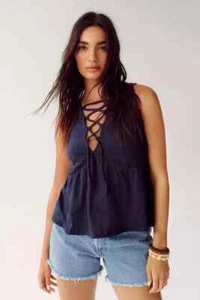 NASTYGAL - Lace Up - Lace Insert - Tank Top - Navy - Size 6 - BNWT - RRP £24.00 - Picture 1 of 18