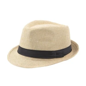 Men Women Beige Fedora Hat, Straw Trilby Cuban Sun Cap Panama Short Brim Floral - Picture 1 of 4