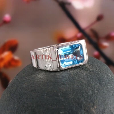 Anello In Argento Sterling 925 Con Gemma Di Topazio Blu Naturale Per Uomo #4341 - Immagine 1 di 4
