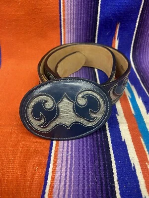 Cinturón de cuero Tony Lama vintage y hebilla de cinturón a juego azul y gris talla 28 EE. UU. Foto 1 de 4