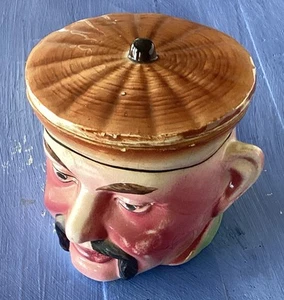 Vintage Toby Biscuit Jar With Lid, Fu Manchu, Stoneware, 4” H, 4.5” Diameter - Picture 1 of 10