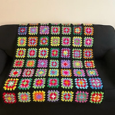 Vintage Granny Square Crochet Afghan Blanket Black Border Multicolor 66x78 - Image 1 of 4