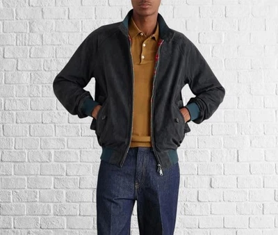 Rider Look : Classic Dark Blue Bomber Style Suede Leather Jacket Zipper Detail - Image 1 of 4