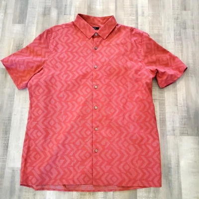 Alfani Mens Slim Fit Button Up Dress Shirt XL Red Geometric Pattern Short Sleeve - Image 1 of 4
