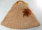 Woven Straw Blend Tote Shopper Bag Wooden Handles With Feathers By Chenson 1990S