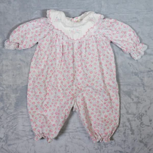 Vtg 90s Rose Girl Baby Bubble Romper One Piece 3 - 6 Mos Smocked Collar Lace - Picture 1 of 11