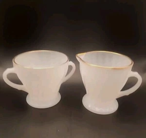 Anchor Hocking Fire King Cream And Sugar Bowl Milk Glass Swirl Gold Trim Vintage - Picture 1 of 7