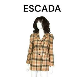 Escada Vintage 100% Cashmere Blazer Brown Plaid Preppy Three Button Coat XS - Picture 1 of 15