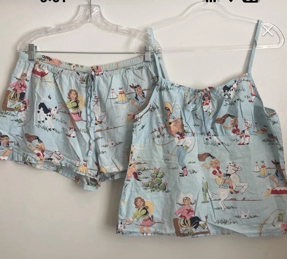 Conjunto de pijama vintage Nick & Nora vaqueras cami con pantalones cortos de algodón talla XL Foto 1 de 4