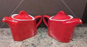 TWO Vintage Hall China Tea-for-Two Teapots In Chinese Red MCM Art Deco 10 Oz USA - Picture 1 of 18