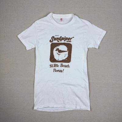 Camiseta De Colección Años 70 St Pete Beach Florida Para Mujer Pequeña Blanca Marrón Gráfica Puntada Única Foto 1 de 4