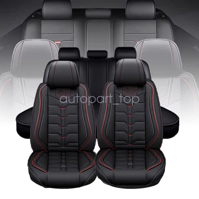 For Toyota Front & Rear 5-Seat Covers Crew Cab PU Leather Red stitch Cushion Foto 1 de 4
