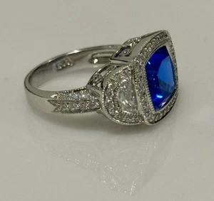 Size 6 Cushion Cut Blue Spinell Ring Sterling Silver Rhodium Plated - Picture 1 of 8