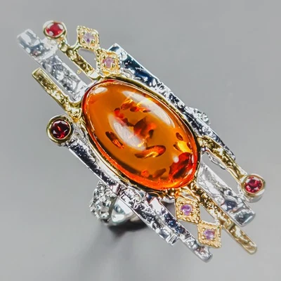 Anillo ámbar natural de 7 quilates con piedras preciosas de plata de ley 925 talla 8/R438493 Foto 1 de 4