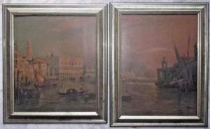 Venezia 2 antiche oleografie pendant Palazzo Ducale e Dogana da Canaletto Guardi - Imagen 1 de 6