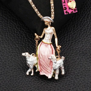 Betsey Johnson Regal Victorian Lady & Dogs Pendant Necklace Brooch Free Gift Bag - Picture 1 of 5