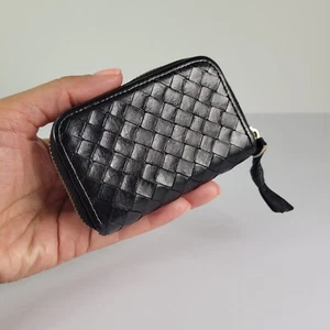 BOTTEGA VENETA Black Intrecciato Leather Coin Purse Card Case Wallet Italy - Imagen 1 de 11