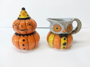 Johanna Parker Designed Halloween Pumpkin Sugar Bowl And Owl Creamer Set of 2 - Picture 1 of 6