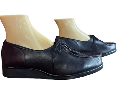 NOS Sz 9 EW Vtg 70s Shoe Black Leather  Wedge Heel Soft Petals Oxford Tie X Wide - Image 1 of 4